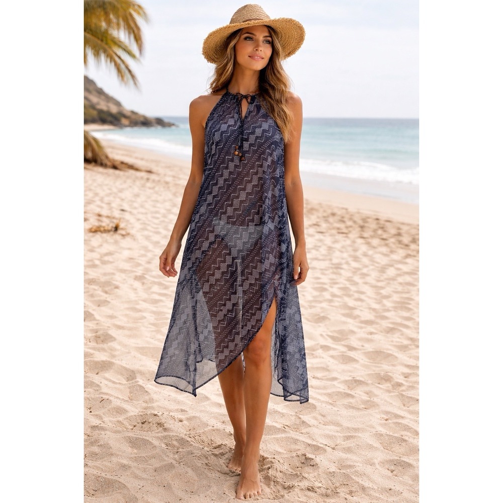 Echo Dress Womens M Geometric Blue Shibori Beach Cover Up Sheer Handkerchief Hem